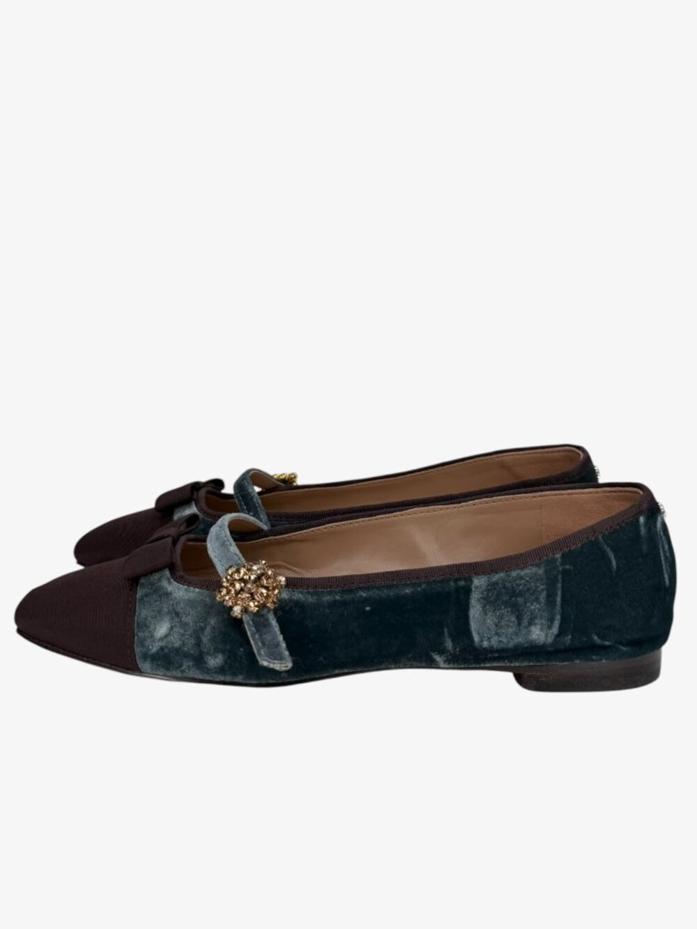 SAM EDELMAN Madi Mary Jane Velvet Rhinestone Flat Shoes - Teal/Brown - Size 7
